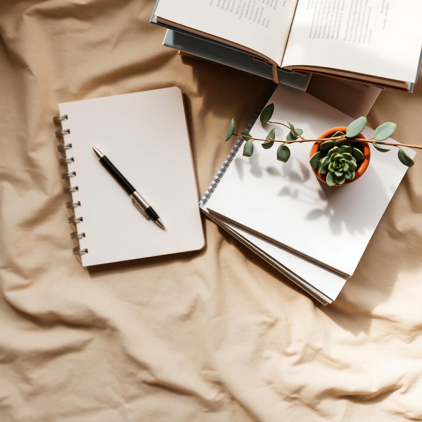Libros, cuaderno y planta sobre lino