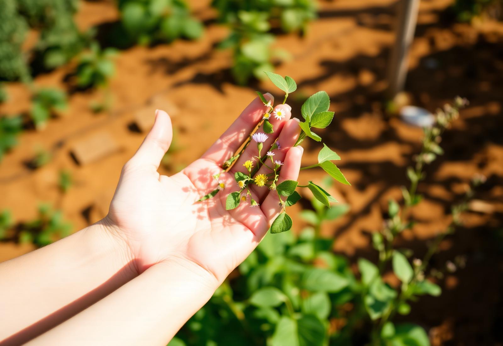 Manos en la huerta con hojas y flores