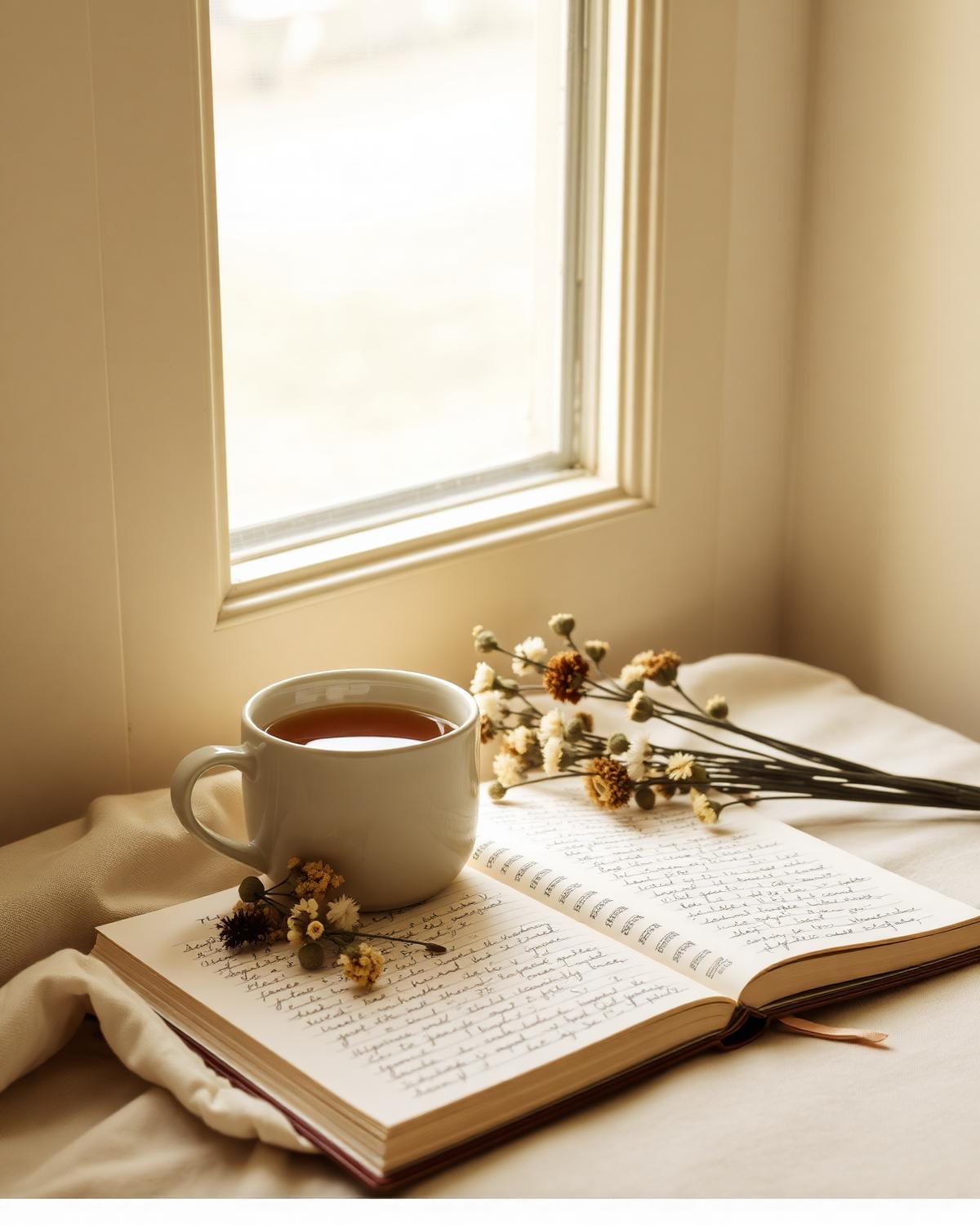 Escritorio con té, flores secas y diario
